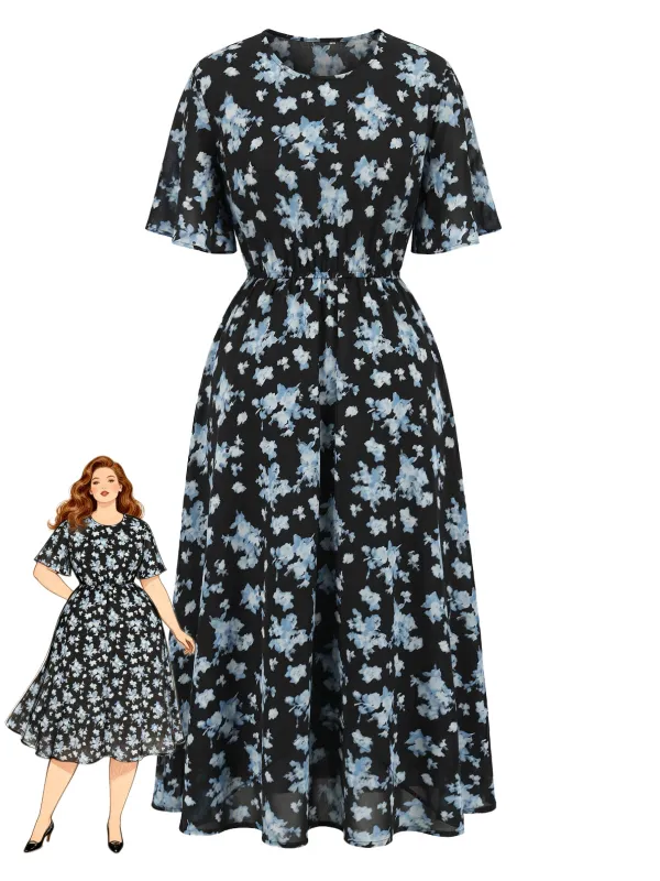 [Plus Size] Black 1960s Blue Floral Short Sleeve Swing Dress made by Retro Stage