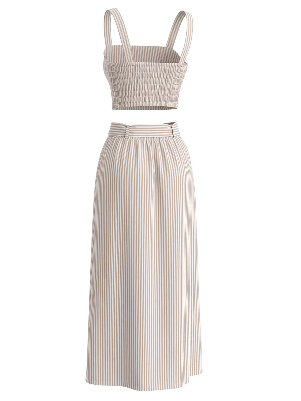 Khaki 1940s Neutral Striped Crop Top & Bow Slit Skirt sold by Retro Stage product image thumbnail 3