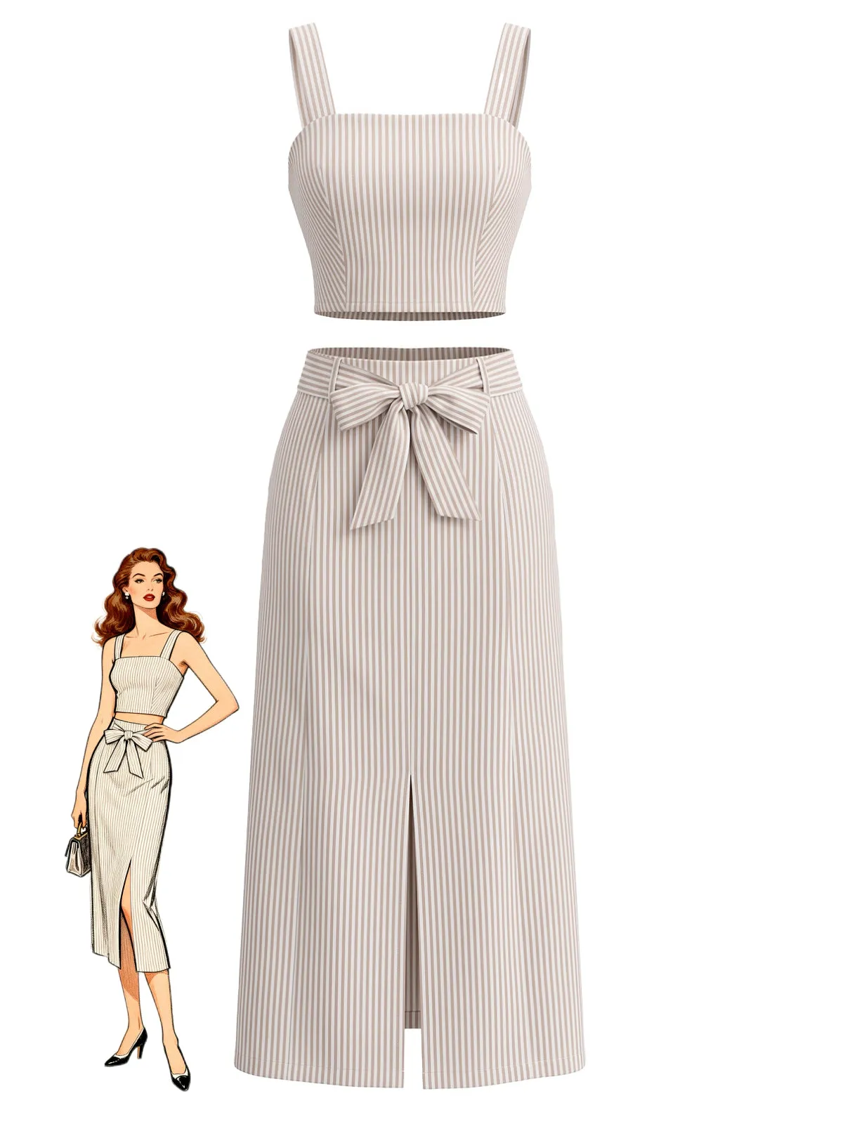 Khaki 1940s Neutral Striped Crop Top & Bow Slit Skirt sold by Retro Stage