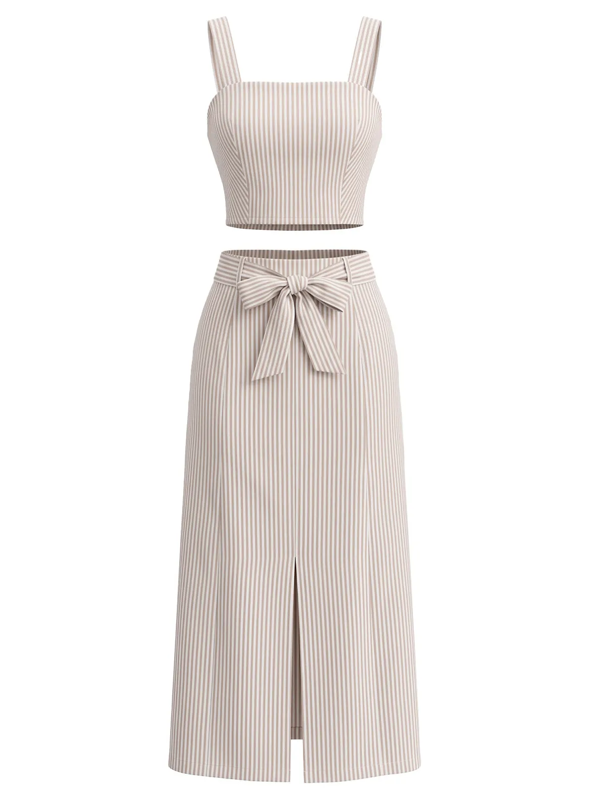 Khaki 1940s Neutral Striped Crop Top & Bow Slit Skirt sold by Retro Stage product image thumbnail 2