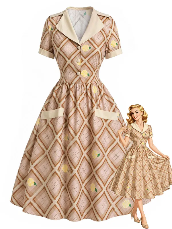 [Pre-Sale] 1940s Lapel Pocket Lemon Plaid Dress made by Retro Stage