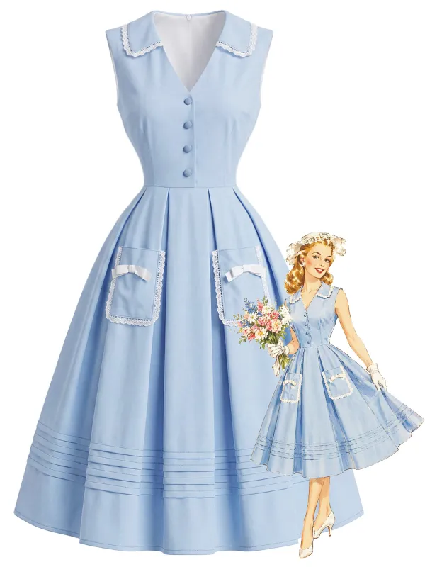 [Pre-Sale] Blue 1950s Collared Sleeveless Bow Pocket Dress made by Retro Stage