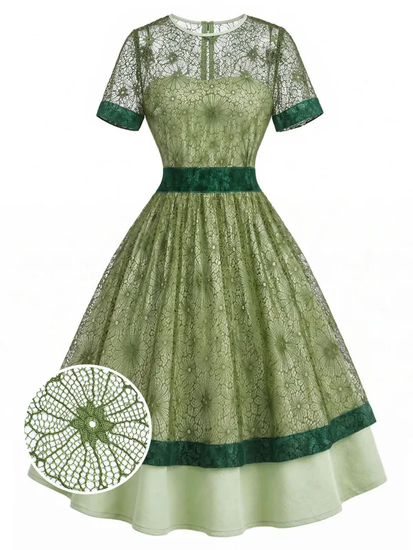 [Pre-Sale] Gray Green 1940s Lace Floral Patchwork Dress made by Retro Stage