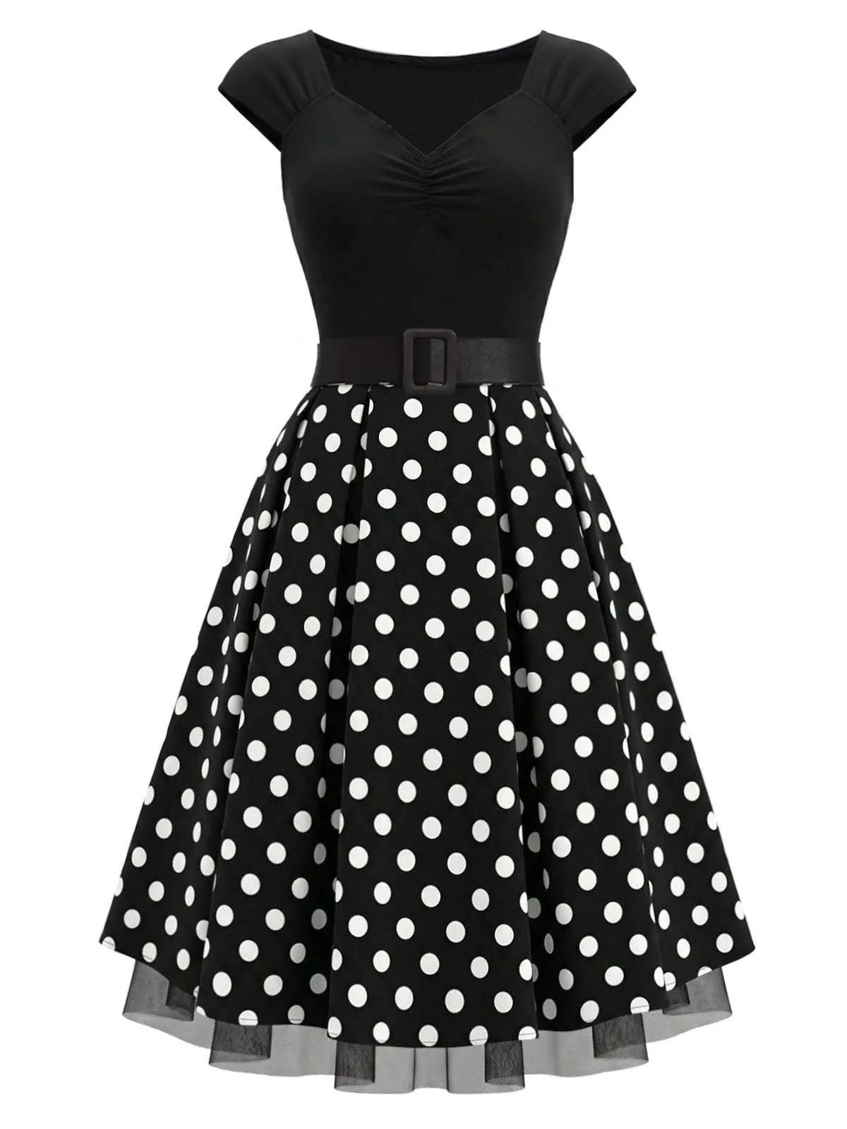 Black 1950s Polka Dot Knit Cap Sleeve Belted Swing Dress sold by Retro Stage product image thumbnail 2