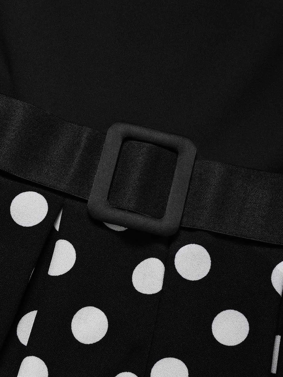 Black 1950s Polka Dot Knit Cap Sleeve Belted Swing Dress sold by Retro Stage product image thumbnail 5