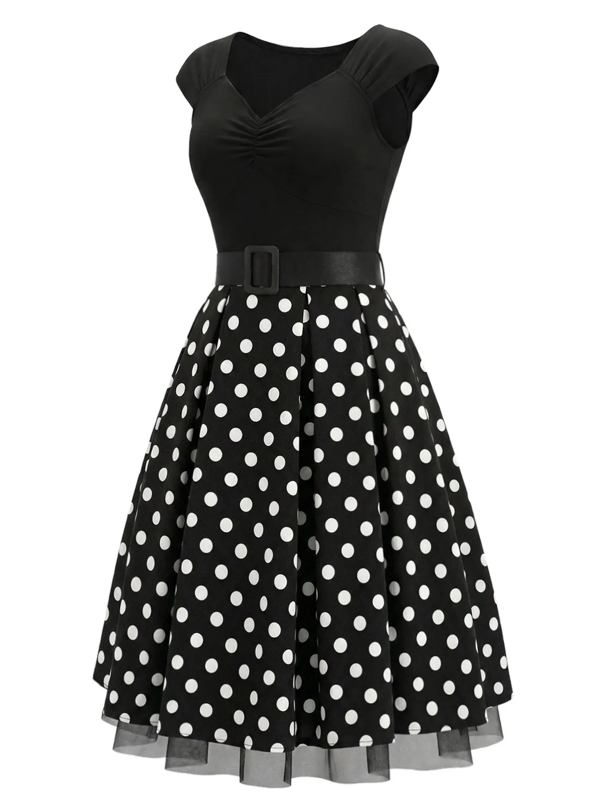 Black 1950s Polka Dot Knit Cap Sleeve Belted Swing Dress sold by Retro Stage product image thumbnail 3