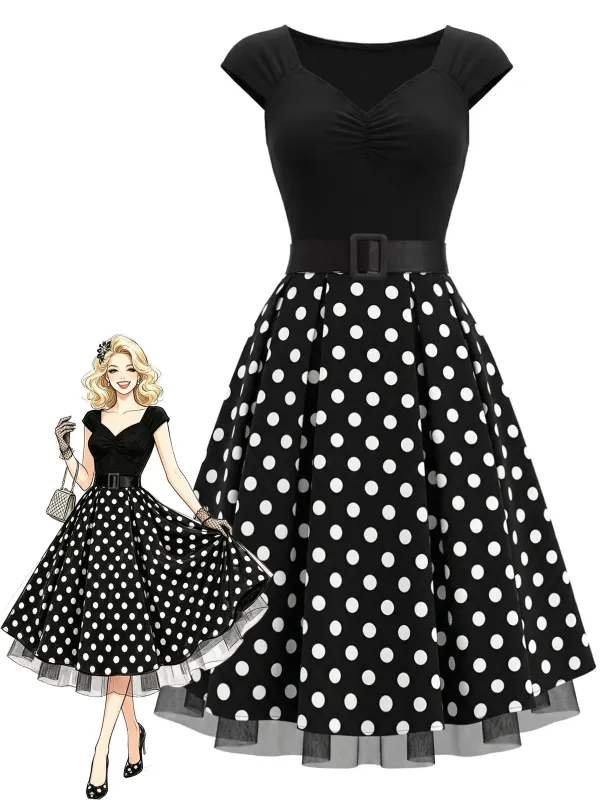 [Pre-Sale] Black 1950s Polka Dot Knit Cap Sleeve Belted Swing Dress made by Retro Stage