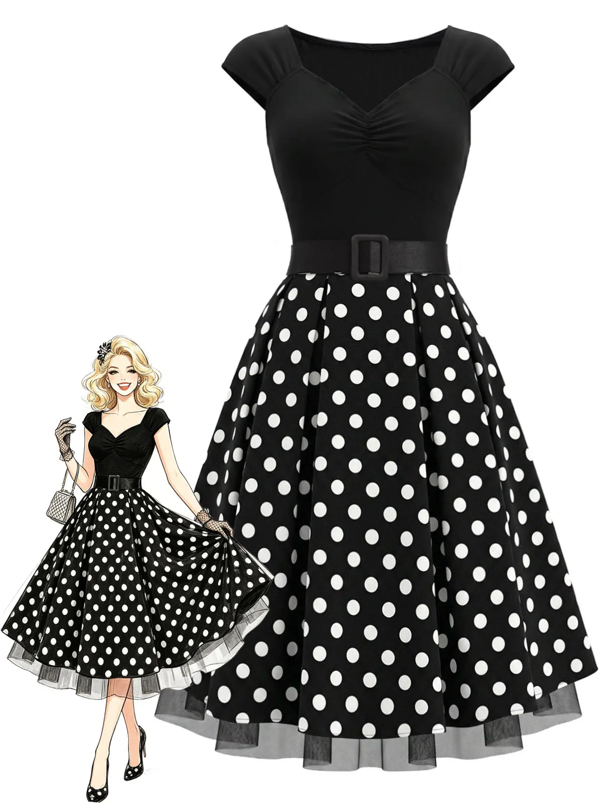 Black 1950s Polka Dot Knit Cap Sleeve Belted Swing Dress sold by Retro Stage