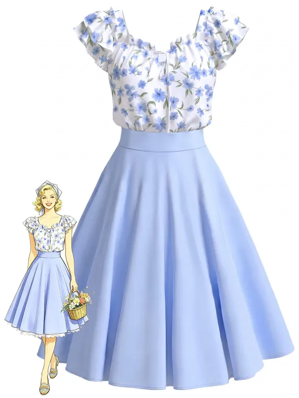 [Pre-Sale] Blue 1950s Floral Print Ruffle Dress with Pockets made by Retro Stage