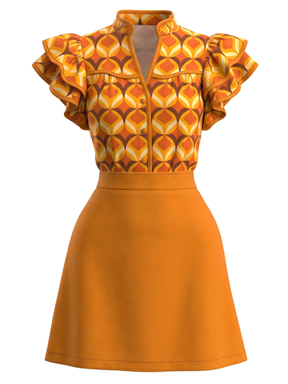 Orange 1960s Geometric Print Ruffle Stand Collar Dress sold by Retro Stage product image thumbnail 2