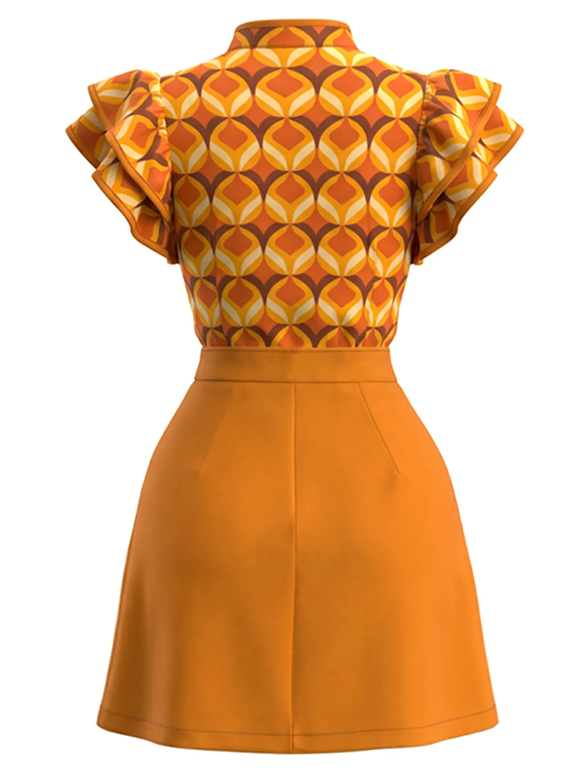 Orange 1960s Geometric Print Ruffle Stand Collar Dress sold by Retro Stage product image thumbnail 3