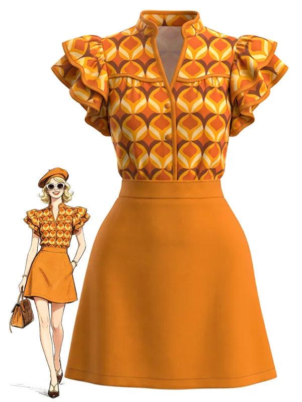 Orange 1960s Geometric Print Ruffle Stand Collar Dress made by Retro Stage