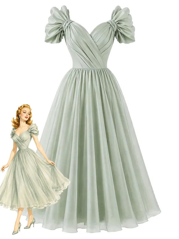 [Pre-Sale] Sage Green 1950s Sweetheart Neck Bow Sleeve Chiffon Dress made by Retro Stage