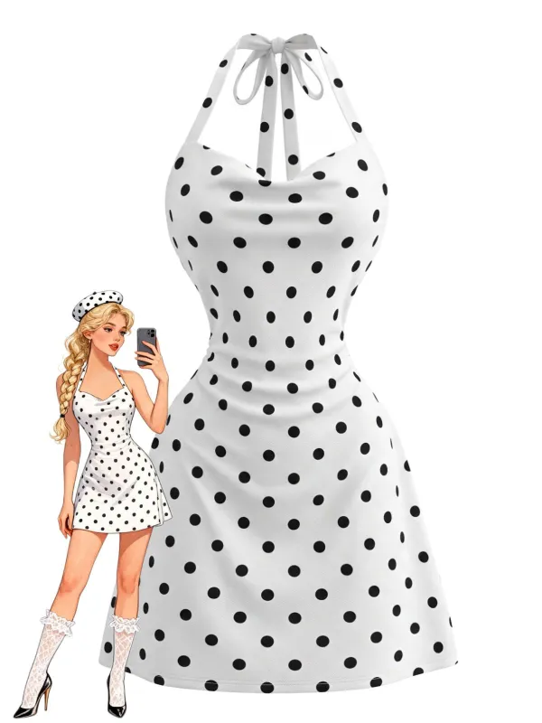 White 1980s Polka Dots Halter Bodycon Dress made by Retro Stage
