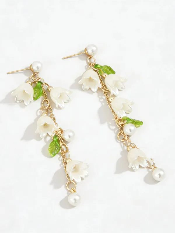 Green Lily of the Valley Pearl Drop Earrings made by Retro Stage