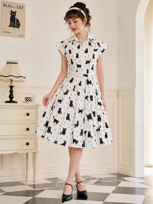 1950s Cat Polka Dot Belted Shirt Dress made by Retro Stage