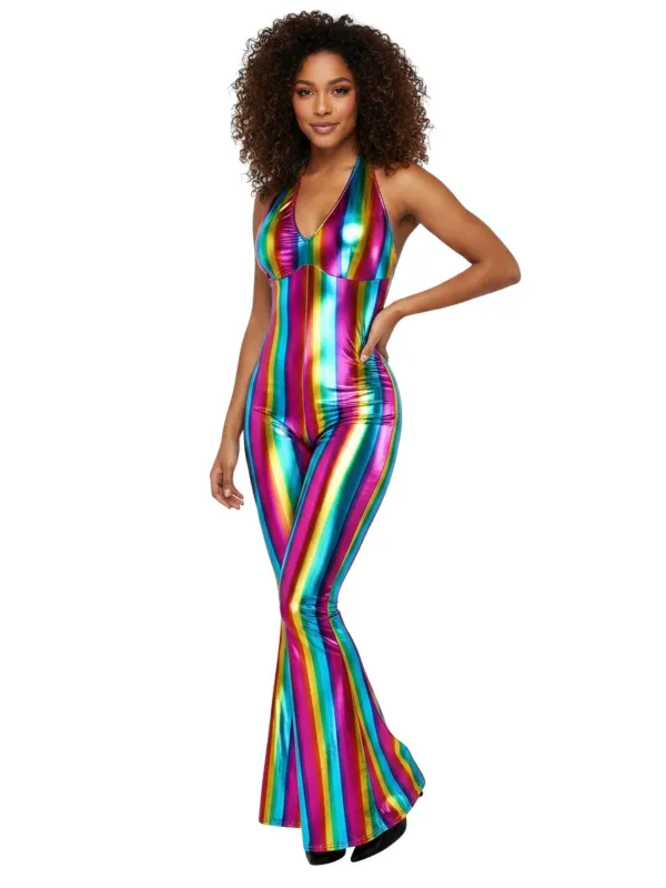 1970s Rainbow Colorblock Disco Halter Jumpsuit made by Retro Stage