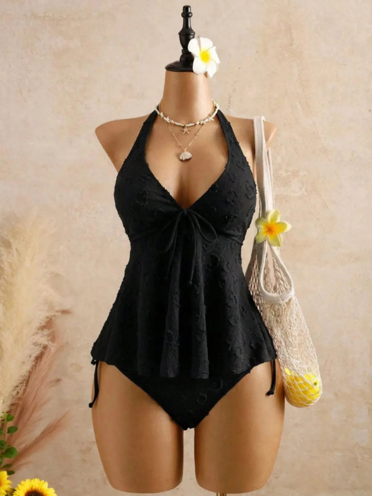 1950s Halter Textured Floral Deep V Tankini Set sold by Retro Stage product image thumbnail 5