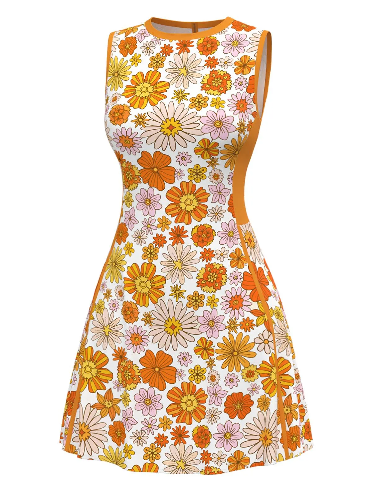 Orange 1960s Round Neck Daisy Sleeveless Dress sold by Retro Stage product image thumbnail 3