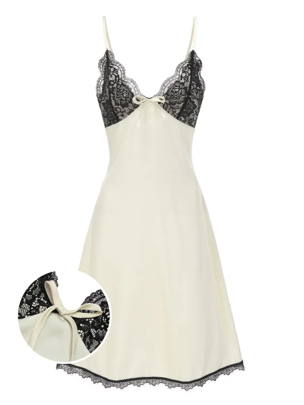 [Pre-Sale] Beige 1950s Lace Patchwork Satin Straps Nightgown made by Retro Stage