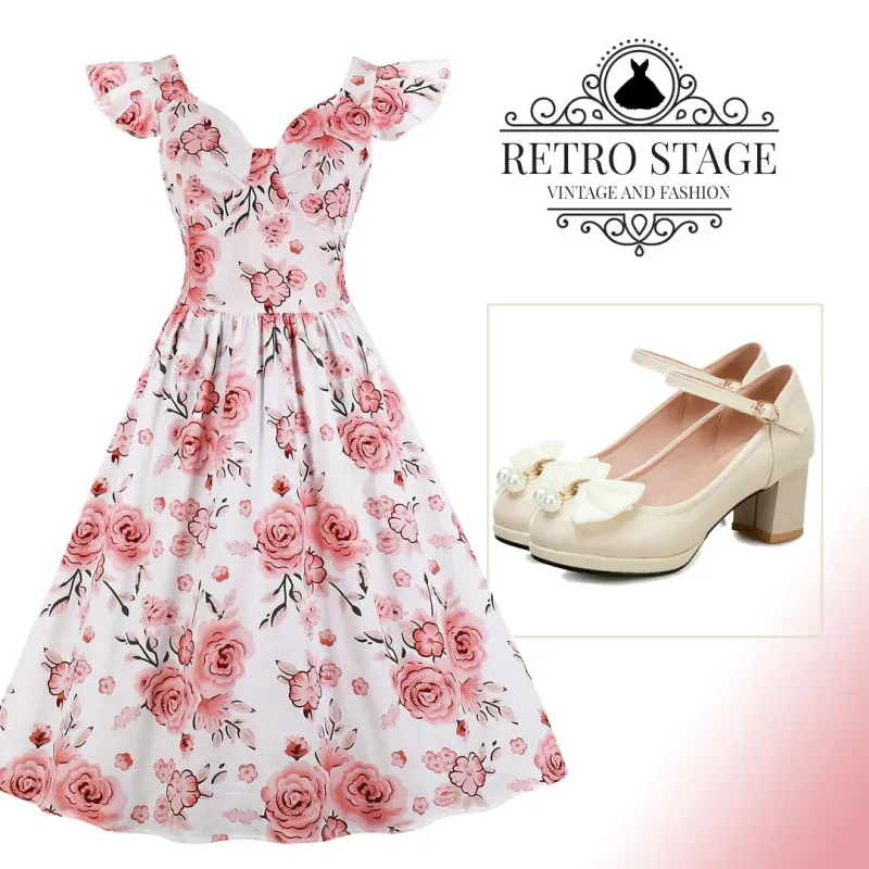 1950s Floral Flare Sleeve Swing Dress made by Retro Stage