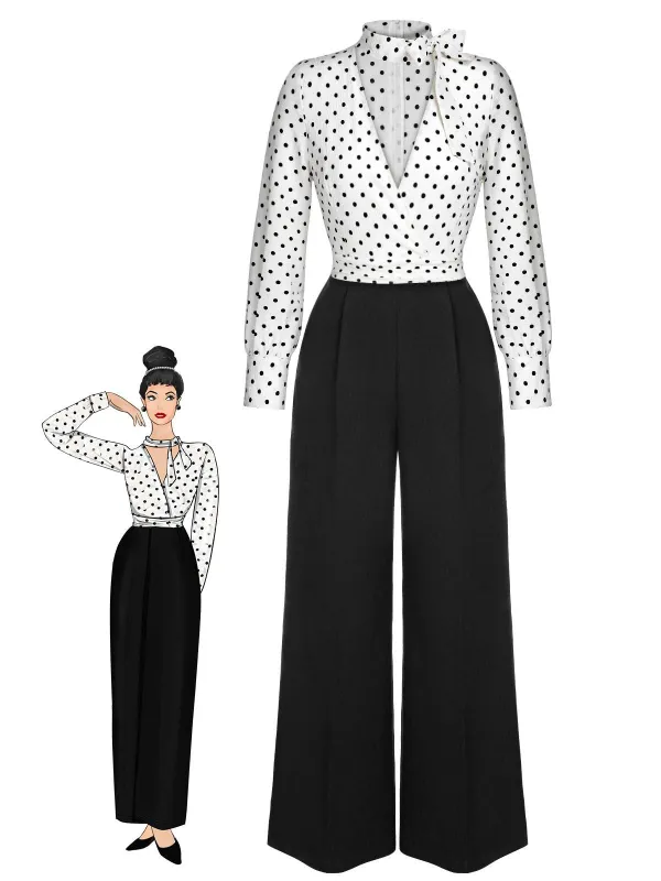 Black & White 1930s Polka Dots Tie Neck Jumpsuit made by Retro Stage