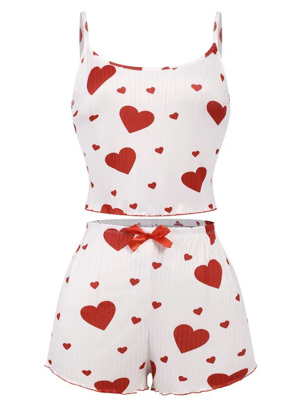 White 1950s Heart Bow Spaghetti Strap Pajama made by Retro Stage