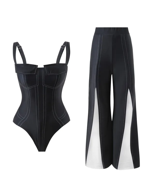2PCS Black 1940s Gothic Straps Swimsuit & Pants made by Retro Stage