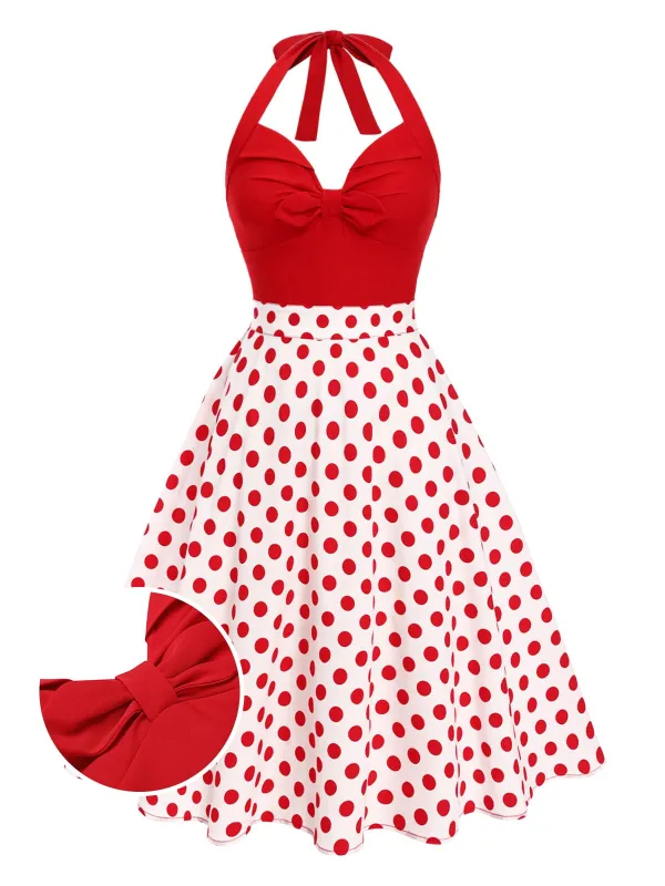 Red 1950s Halter Patchwork Polka Dots Dress made by Retro Stage