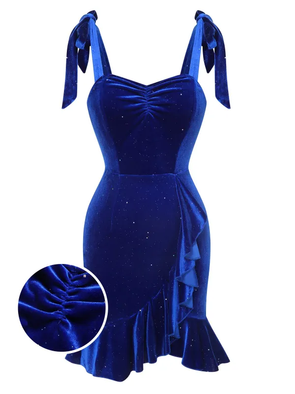 Blue 1980s Solid Ruffle Hem Velvet Dress made by Retro Stage