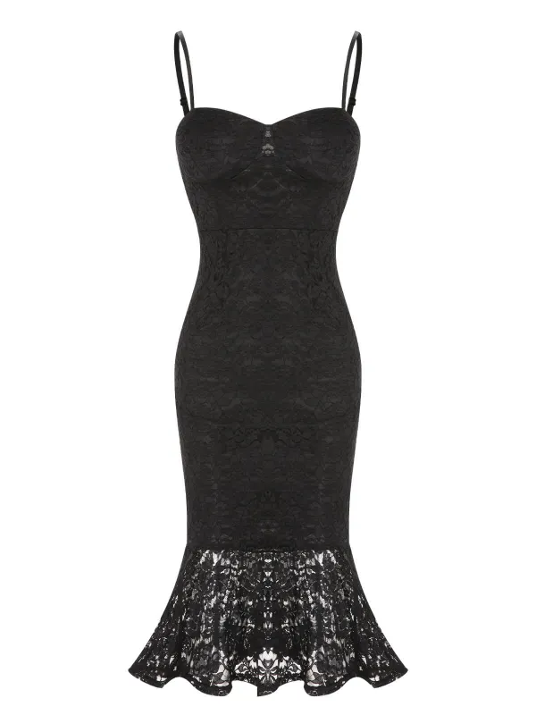 Black 1930s Lace Spaghetti Strap Mermaid Dress made by Retro Stage