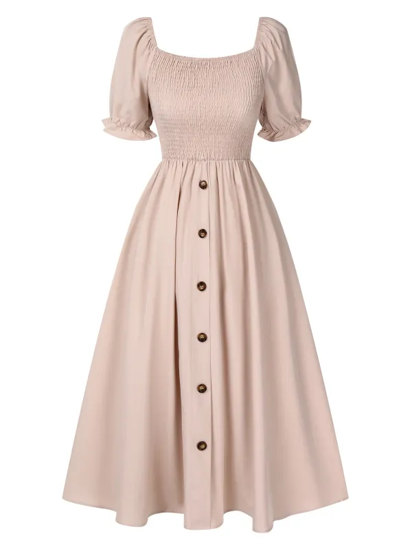 Beige 1940s Square Neck Puff Sleeve Button Smocked Dress made by Retro Stage