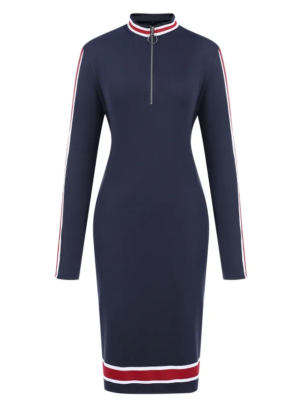 Deep Blue 1960s Stripes Zipper Long Sleeves Dress made by Retro Stage