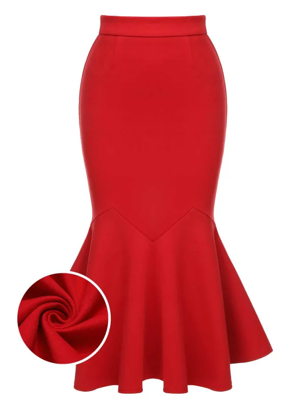Red 1930s Elastic Solid Mermaid Skirt made by Retro Stage