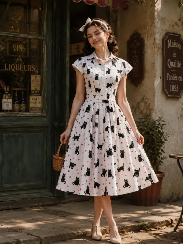 1950s Cat Polka Dot Belted Shirt Dress made by Retro Stage