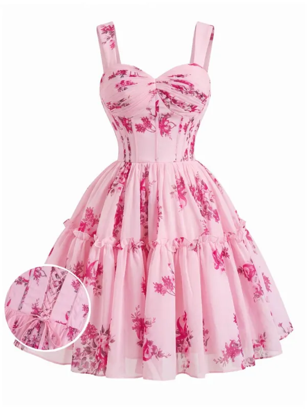 [Pre-Sale] Pink 1950s Ditsy Floral Corset Back-Tie Tutu Dress made by Retro Stage