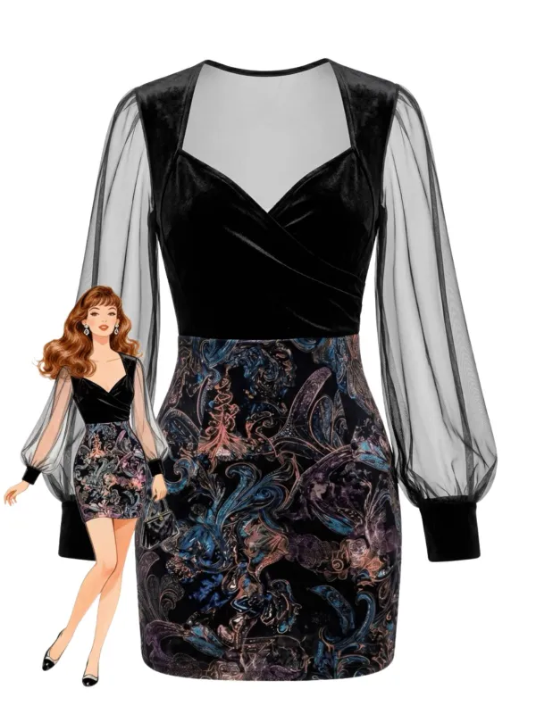 Black 1960s Velvet Sheer Mesh Patchwork Paisley Fitted Dress made by Retro Stage