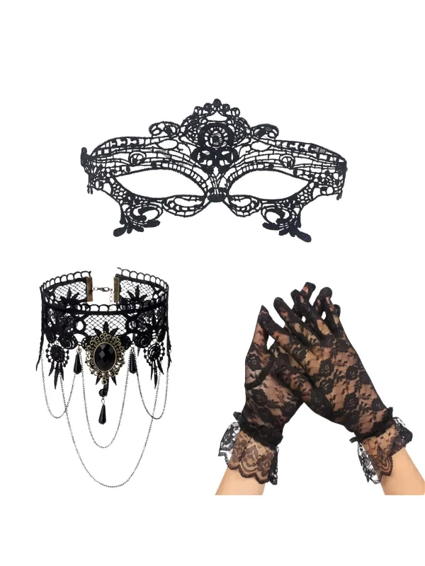 3PCS Gothic Black Lace Masquerade Mask Set made by Retro Stage
