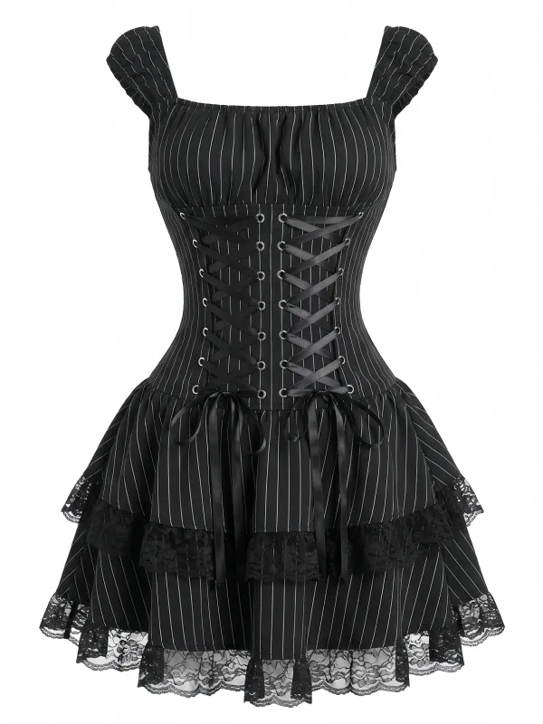 Black 1970s Pinstripe Corset Lace-Up Tiered Lace Dress made by Retro Stage