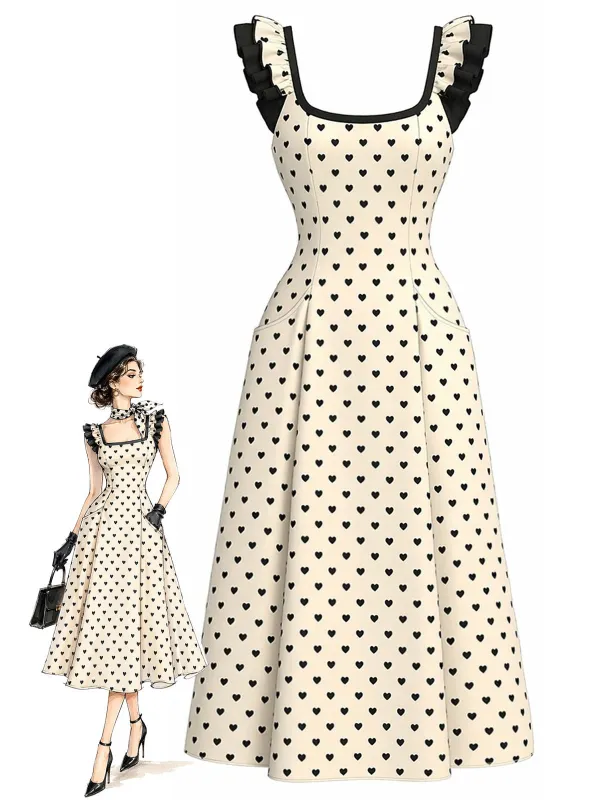 [Pre-Sale] Ivory 1940s Heart Print Ruffle Strap Swing Dress made by Retro Stage
