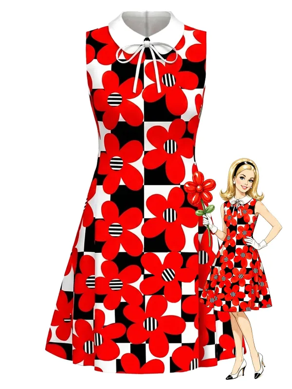 True Red 1960s Checkered Floral Bow Mod Dress made by Retro Stage
