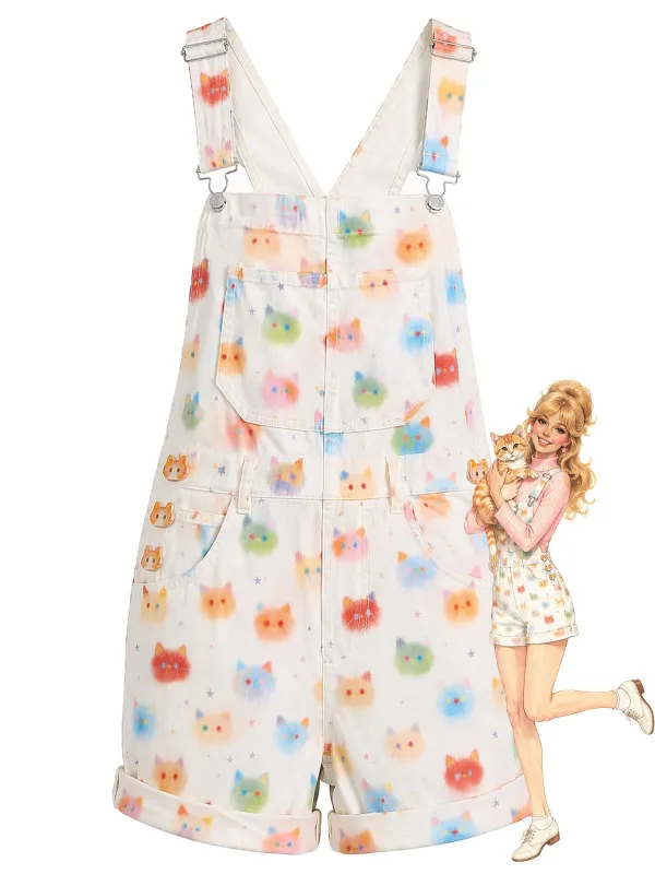 [Pre-Sale] 1980s Colorful Cat Face Print Pockets Overalls Romper made by Retro Stage