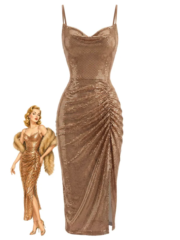 [Pre-Sale] Gold 1930s Sequined Cowl Neck Ruched Fitted Dress made by Retro Stage