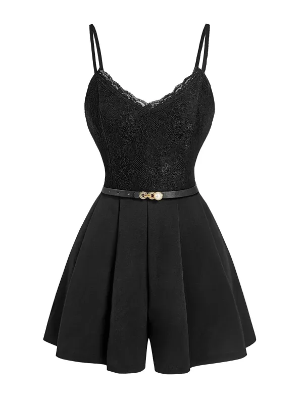 [Pre-Sale] Black 1960s Lace Patchwork Spaghetti Strap Belted Romper made by Retro Stage