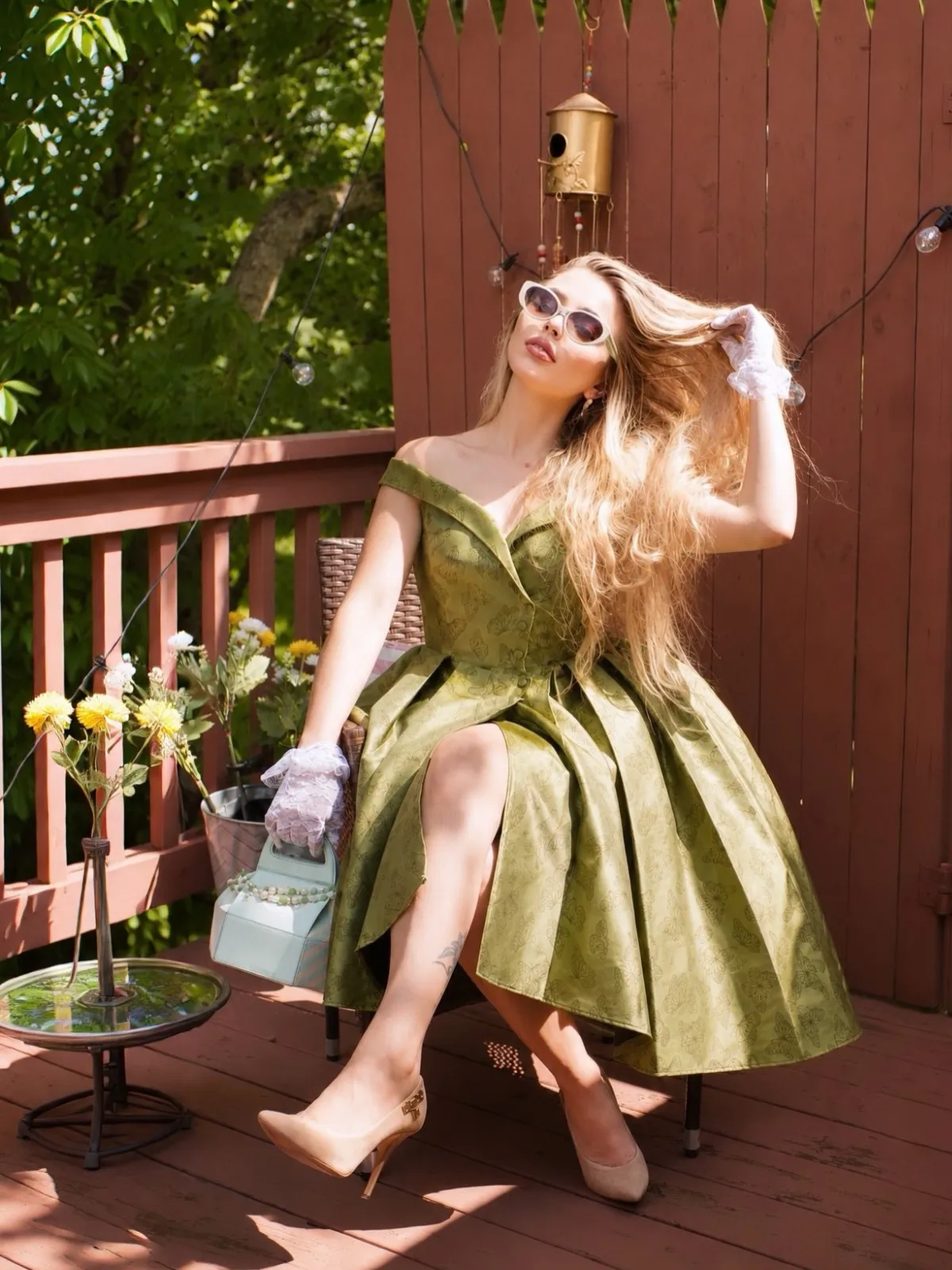 Green 1950s Off-Shoulder Vintage Dress sold by Retro Stage product image thumbnail 3