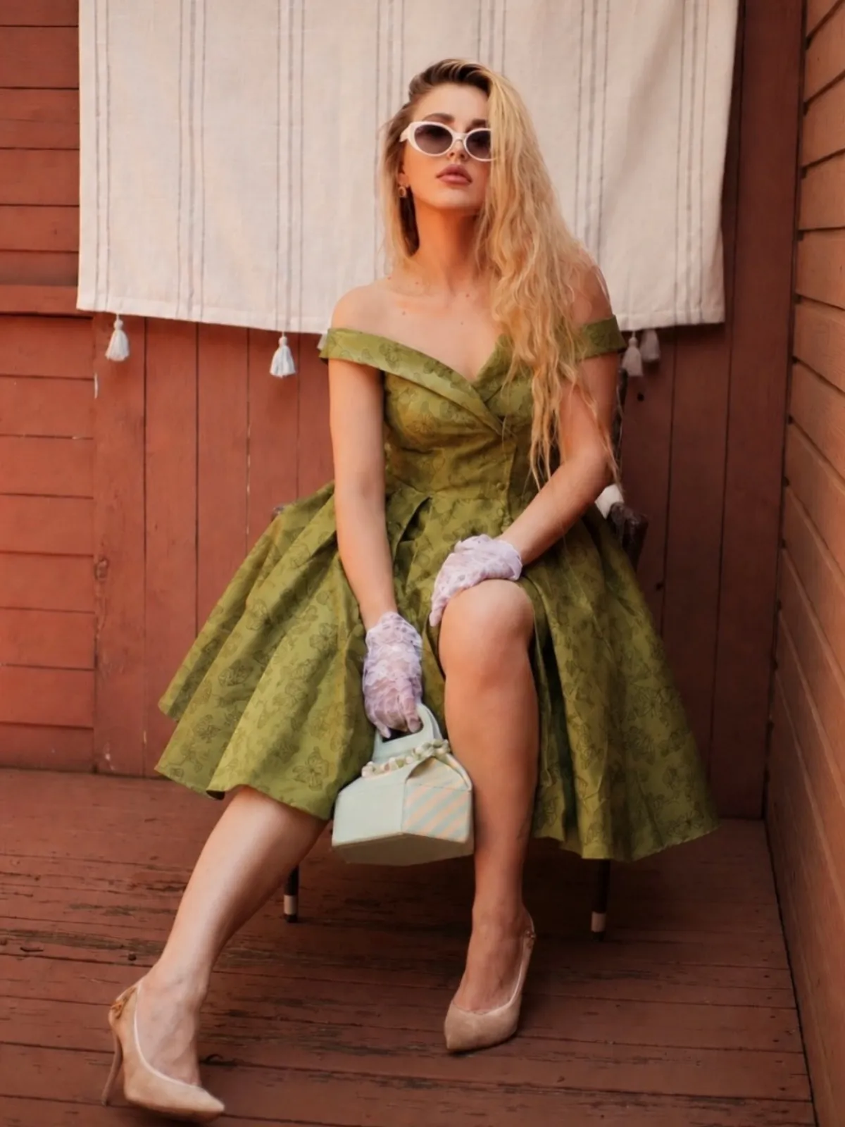 Green 1950s Off-Shoulder Vintage Dress sold by Retro Stage product image thumbnail 2
