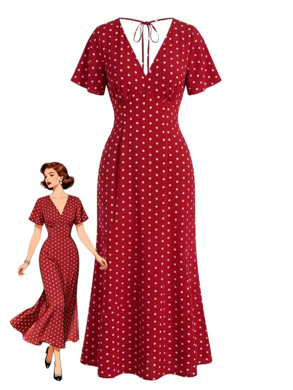 1930s V-Neck Polka Dot Flutter Sleeve Maxi Mermaid Dress made by Retro Stage