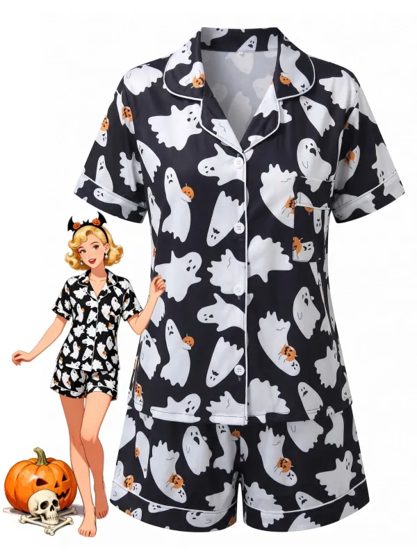 Black 1950s Halloween Ghost Print Shirt Shorts Pajamas made by Retro Stage