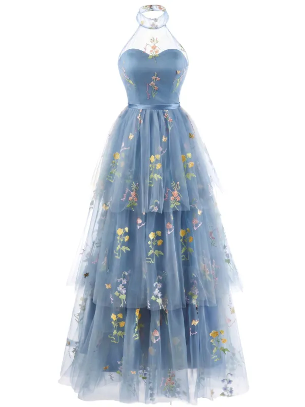 1930s Halter Floral Embroidered Tiered Mesh Satin Maxi Dress made by Retro Stage