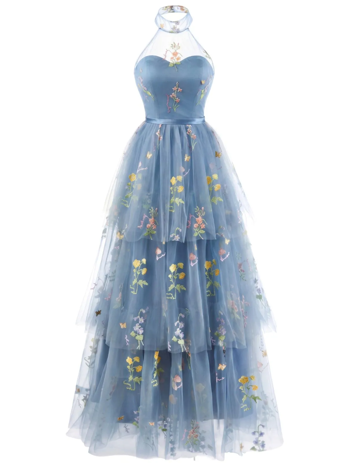 1930s Halter Floral Embroidered Tiered Mesh Satin Maxi Dress sold by Retro Stage
